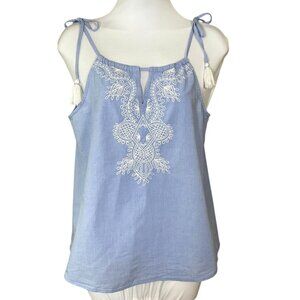 Vineyard Vines Sleeveless Tassel Tie Drawstring Strap Chambray Embroidered Top 2